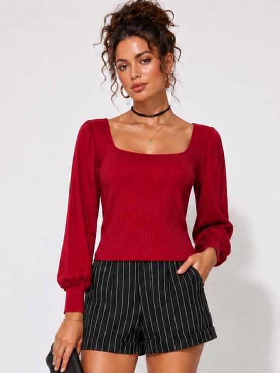 SHEIN Tops - SHEIN Red Ribbed Square Neck Knit Top Puff Sleeve Long Sleeve Medium